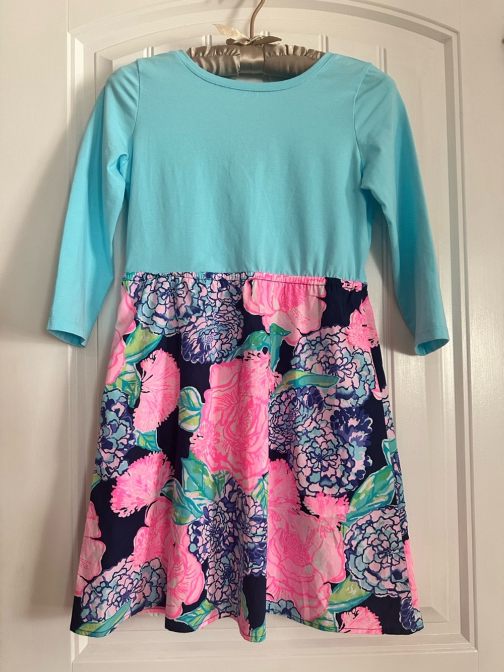 Lilly Pulitzer-Girls' Aqua & Pink Floral Long-Sleeve Dress size XL